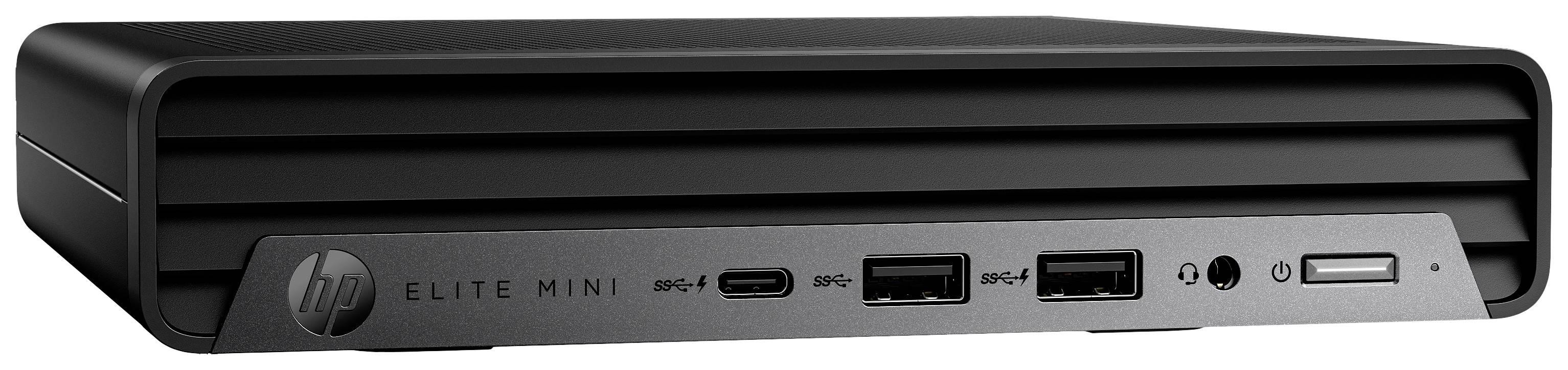 Schwarzer Mini-PC mit mehreren USB-Anschlüssen und einem Netzschalter an der Vorderseite. Logo der Marke auf der linken Seite.