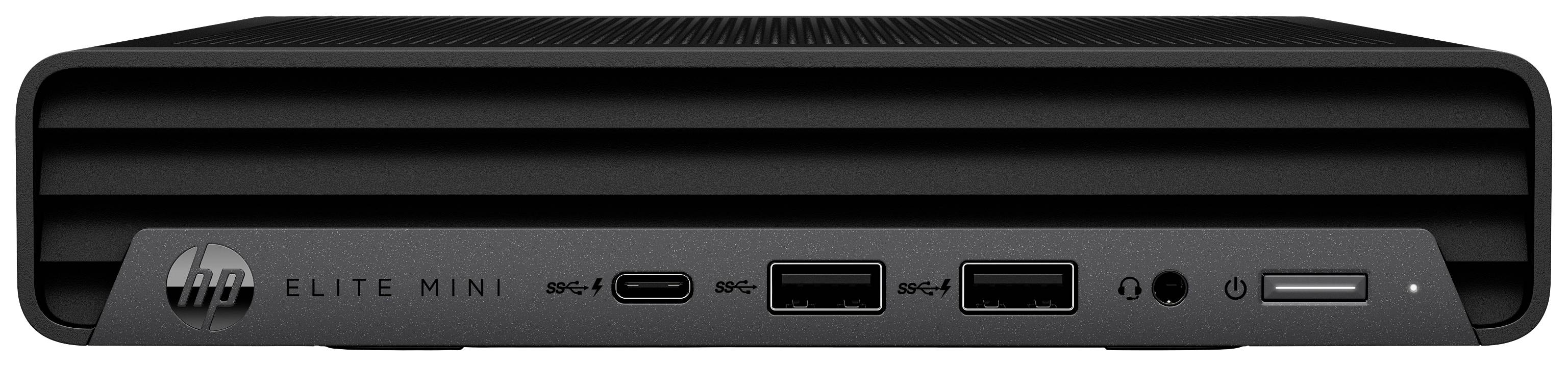 Schwarzer HP Elite Mini-PC, Vorderansicht, zeigt Markenlogo, USB-Anschlüsse, Audiobuchse und Power-Button. Geeignet für kompakte Arbeitsumgebungen.