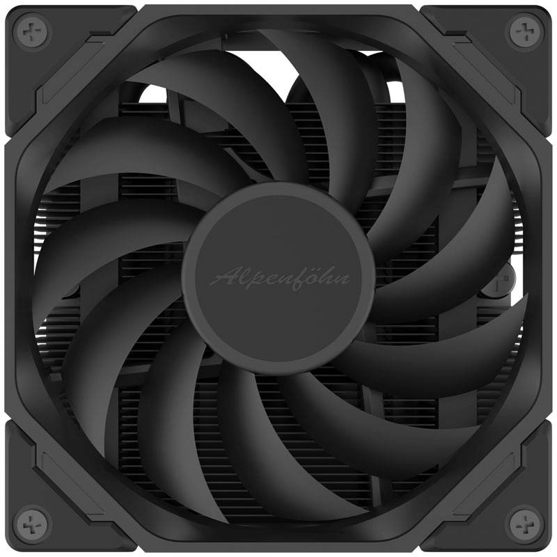 Schwarzer quadratischer Computerlüfter mit mehreren Rotorblättern, für die Kühlung von PC-Komponenten.