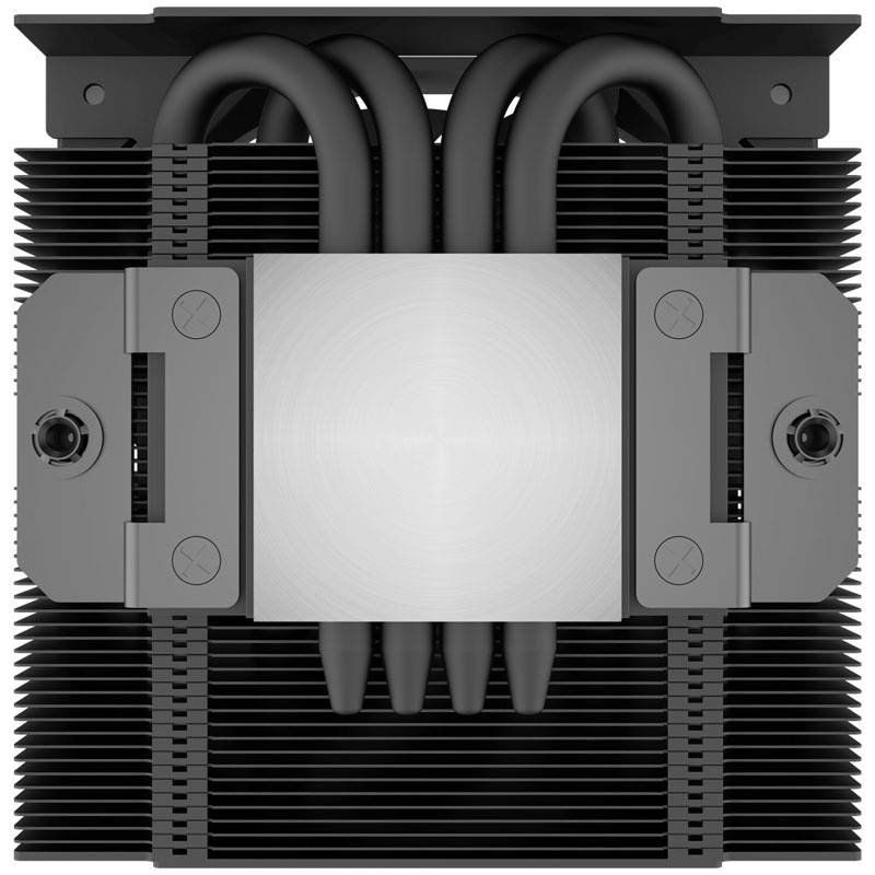Ein schwarzer, robust aussehender CPU-Kühler mit mehreren Lamellen und Heatpipes. Geeignet für leistungsstarke Computerkühlung.
