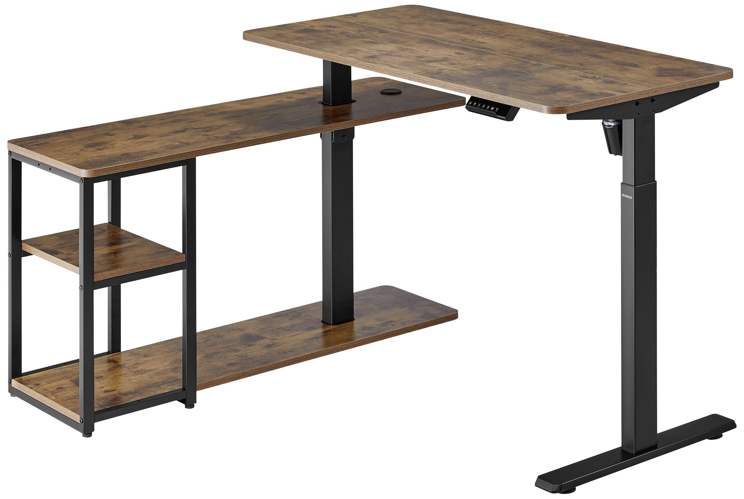 Ein verstellbarer L-förmiger Schreibtisch in Holzoptik mit Metallgestell, zwei Ebenen und elektrischem Bedienfeld rechts.