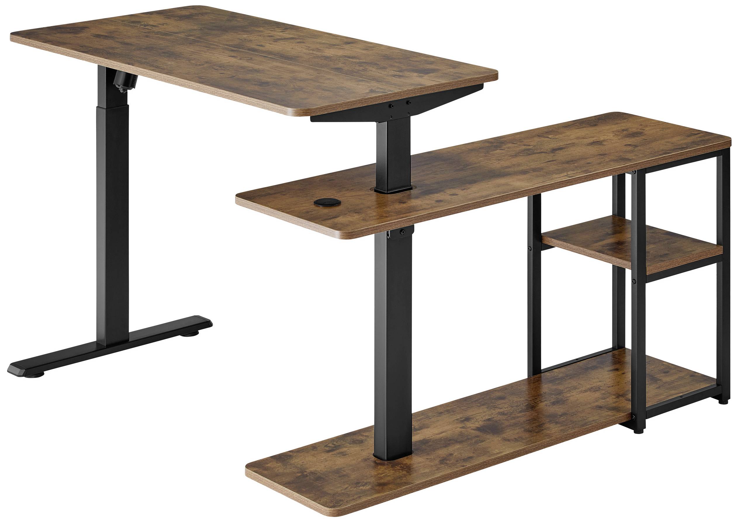 Zwei höhenverstellbare Schreibtische aus Holz mit schwarzem Gestell. Einer hat zusätzliche Ablagen und schwebt über dem Boden.