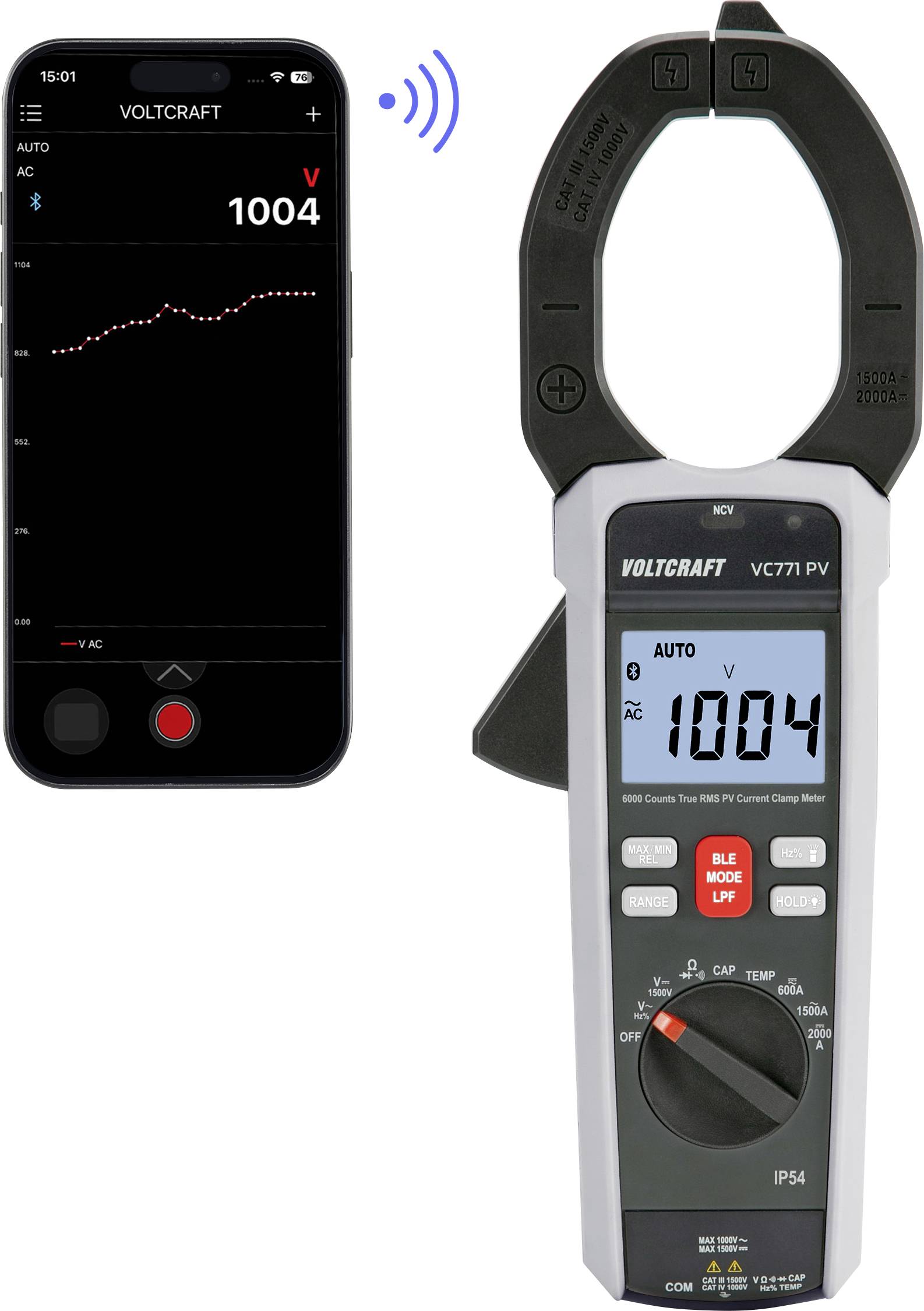 Smartphone-App und Voltcraft-Stromzange zeigen beide eine Wechselspannungsmessung von 1004 an, verbunden drahtlos über Bluetooth.