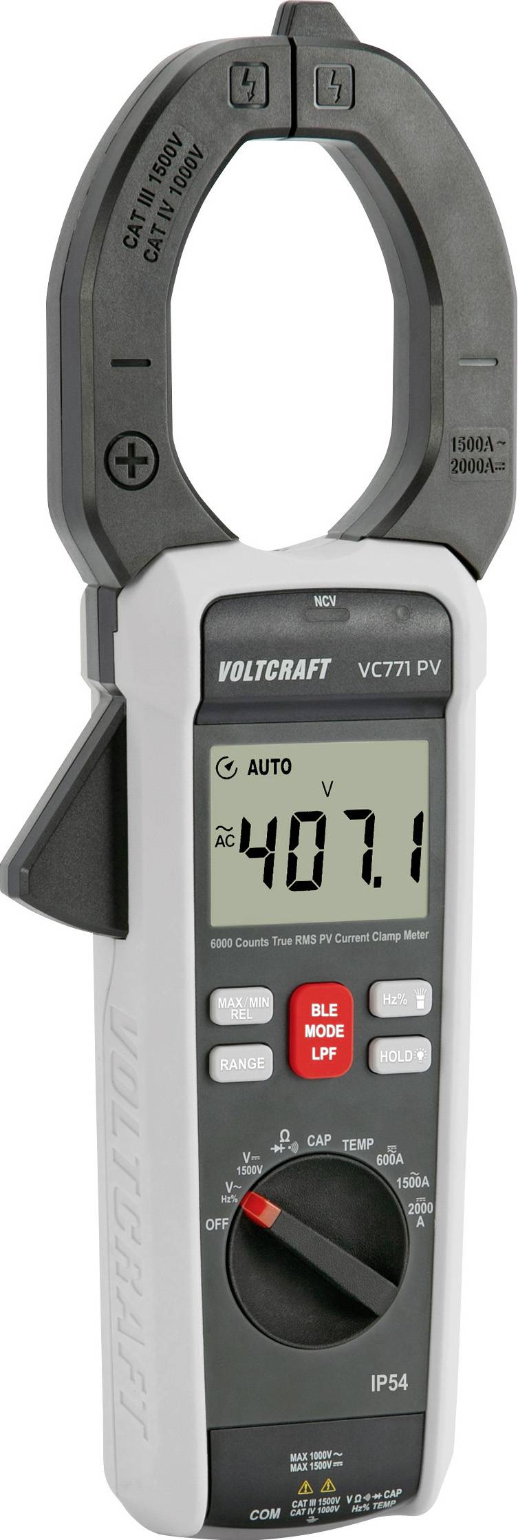 Multimeter mit Anzeige von '407,1' auf dem Display, mit Tasten und Drehschalter für Messungen. Marke als 'Voltcraft VC771 PV' beschriftet.