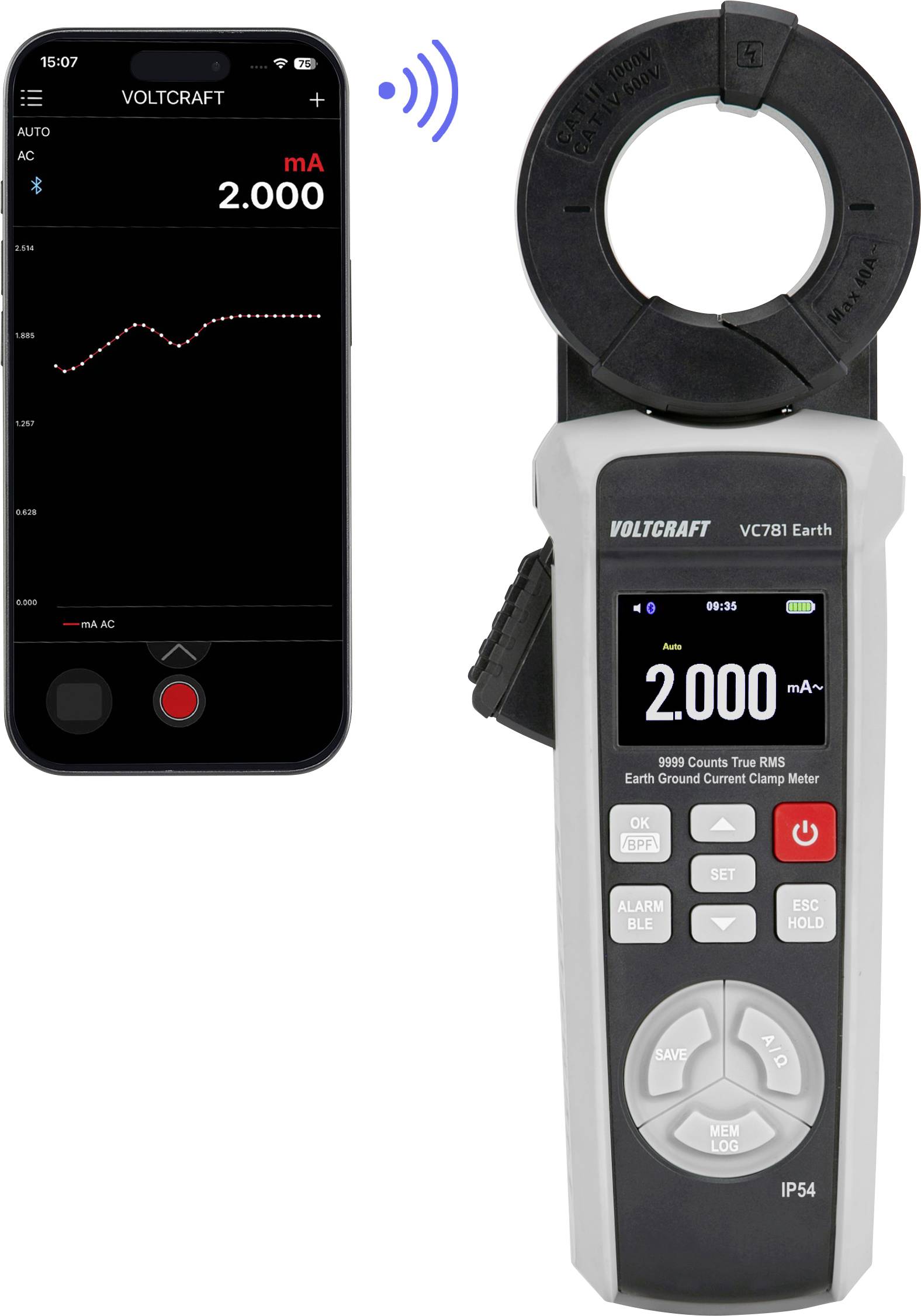 Voltcraft Stromzangenmessgerät mit drahtloser Smartphone-App, das eine Messung von 2.000 mA AC und ein Trenddiagramm anzeigt.