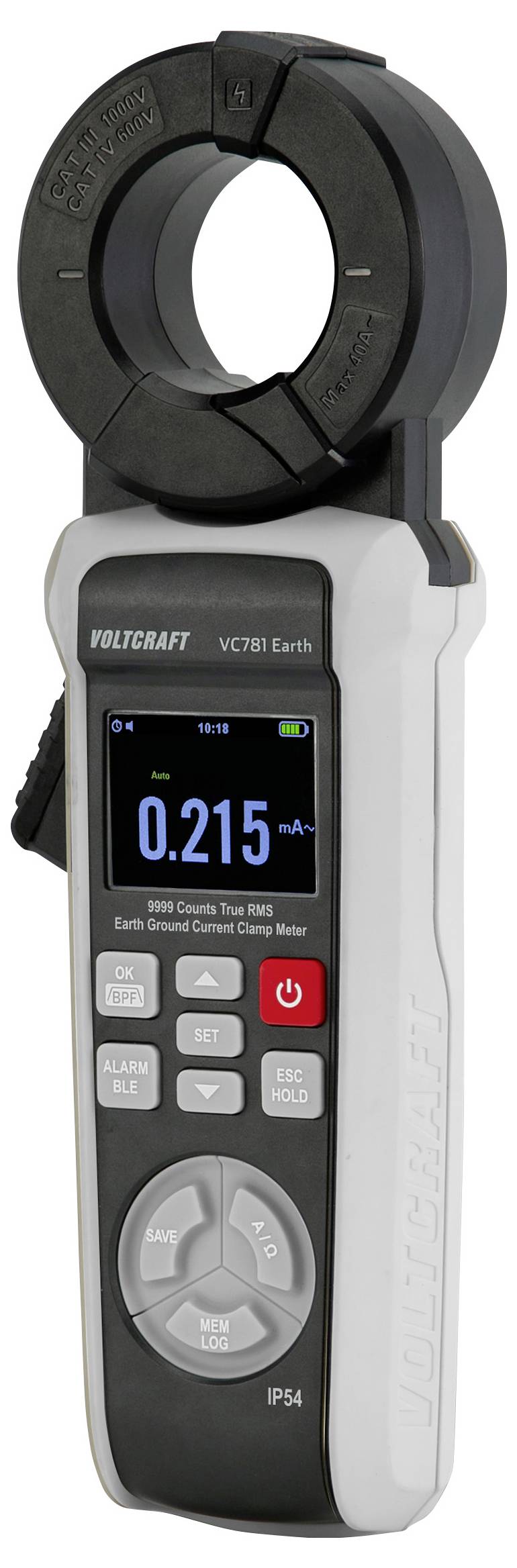 'VOLTCRAFT VC731 Earth' Erdungsmessgerät, zeigt '0,215' auf dem Display. Funktionen umfassen Power-, Speicher- und Hold-Tasten, mit IP54-Schutzklasse.
