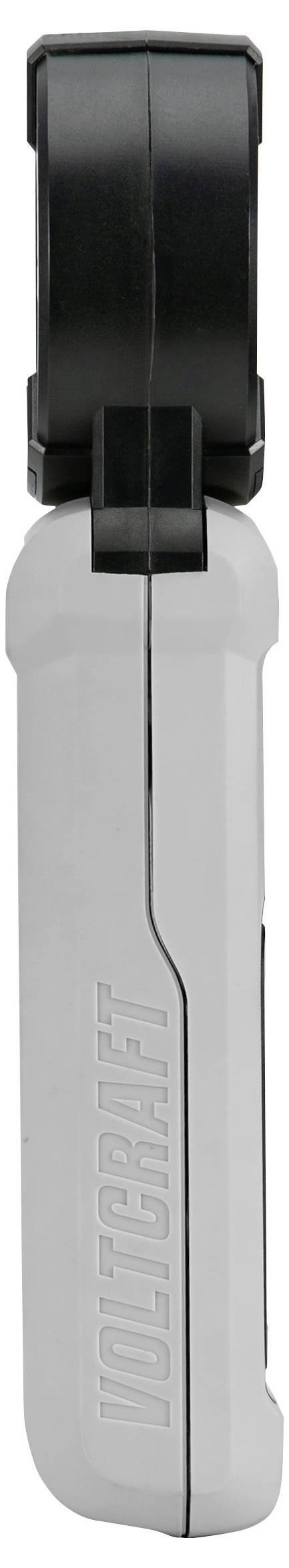 Ein tragbares elektronisches Gerät mit einer schwarzen rotierenden Komponente auf der Oberseite, auf dem grauen Gehäuse mit der Bezeichnung 