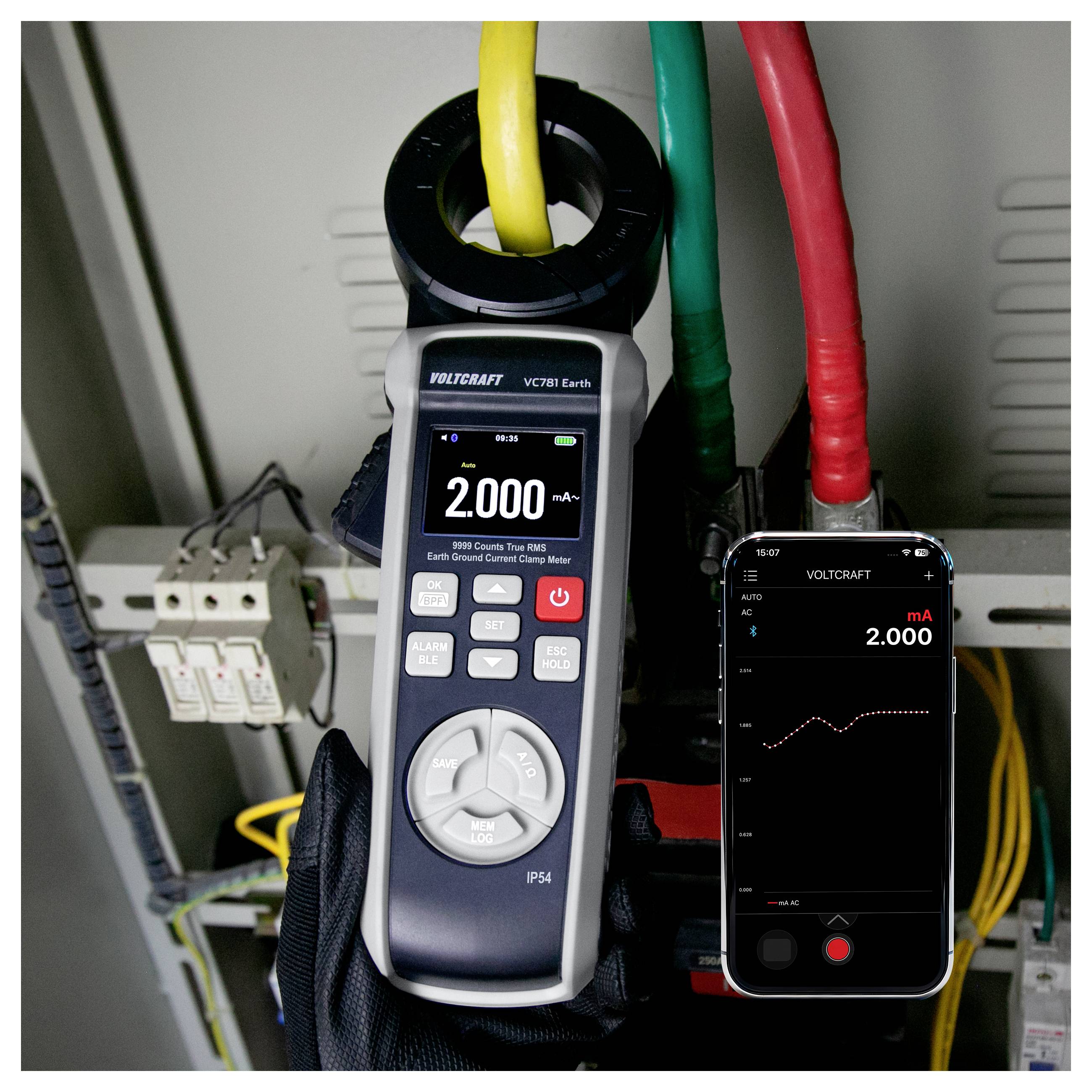 Strommesszange misst 2.000 mA auf einem großen gelben Kabel in einem Elektro-Schaltschrank, mit einer Telefon-App, die die Anzeige spiegelt.