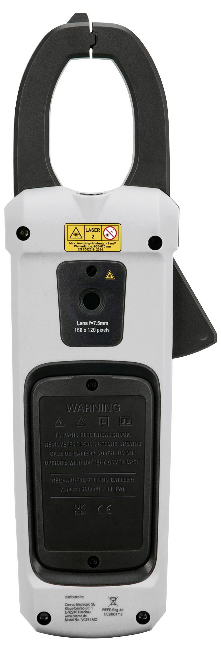 Ein tragbares elektrisches Zangenmessgerät mit großer Zangenöffnung oben, zentralem Anzeigebereich und Warnzeichen auf der Vorderseite.