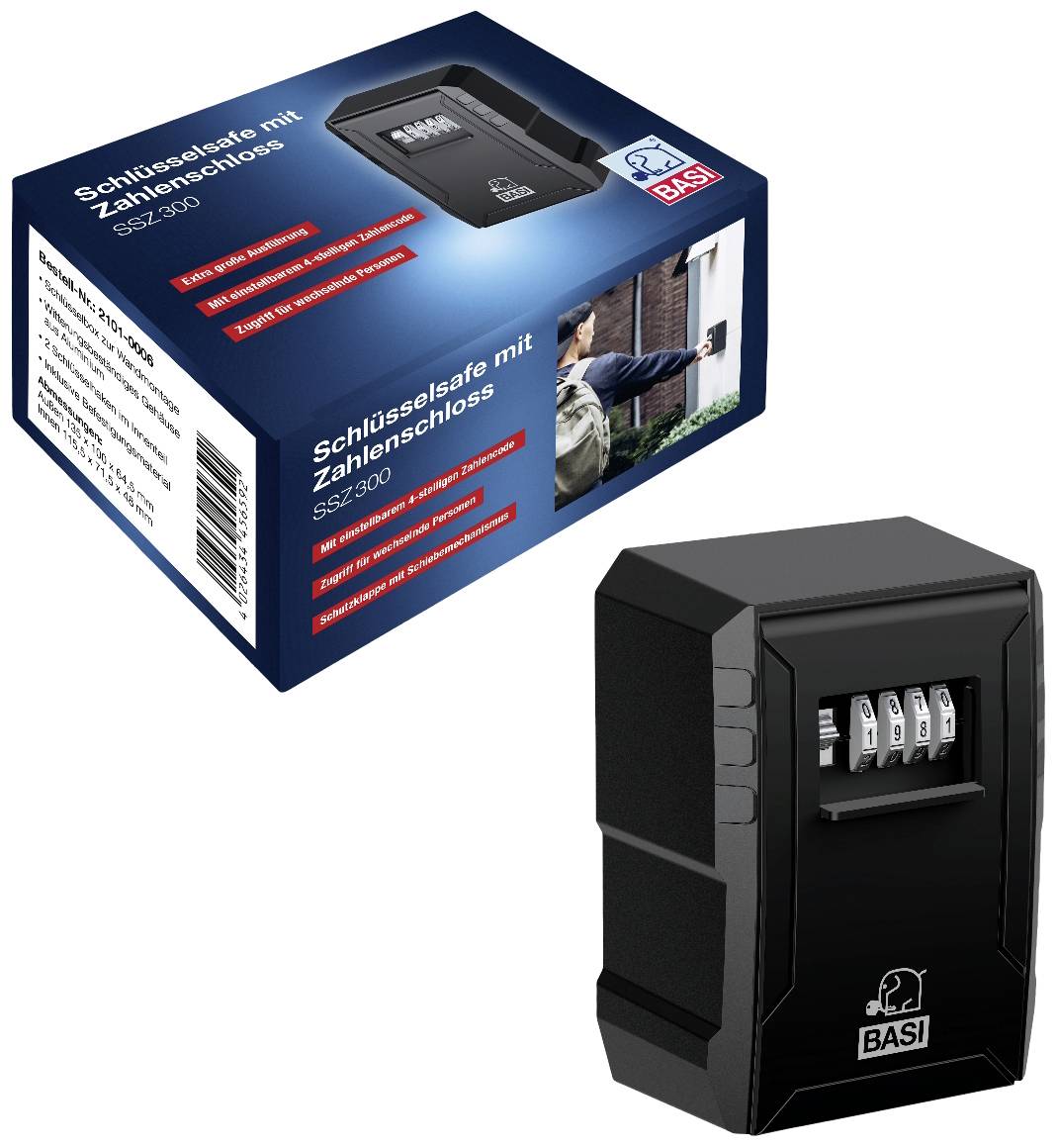 Schlüsselsafe aus Metall mit Zahlenschloss abgebildet neben Verpackung. Text auf Verpackung: 'Schlüsselsafe mit Zahlenschloss SZS-300'.