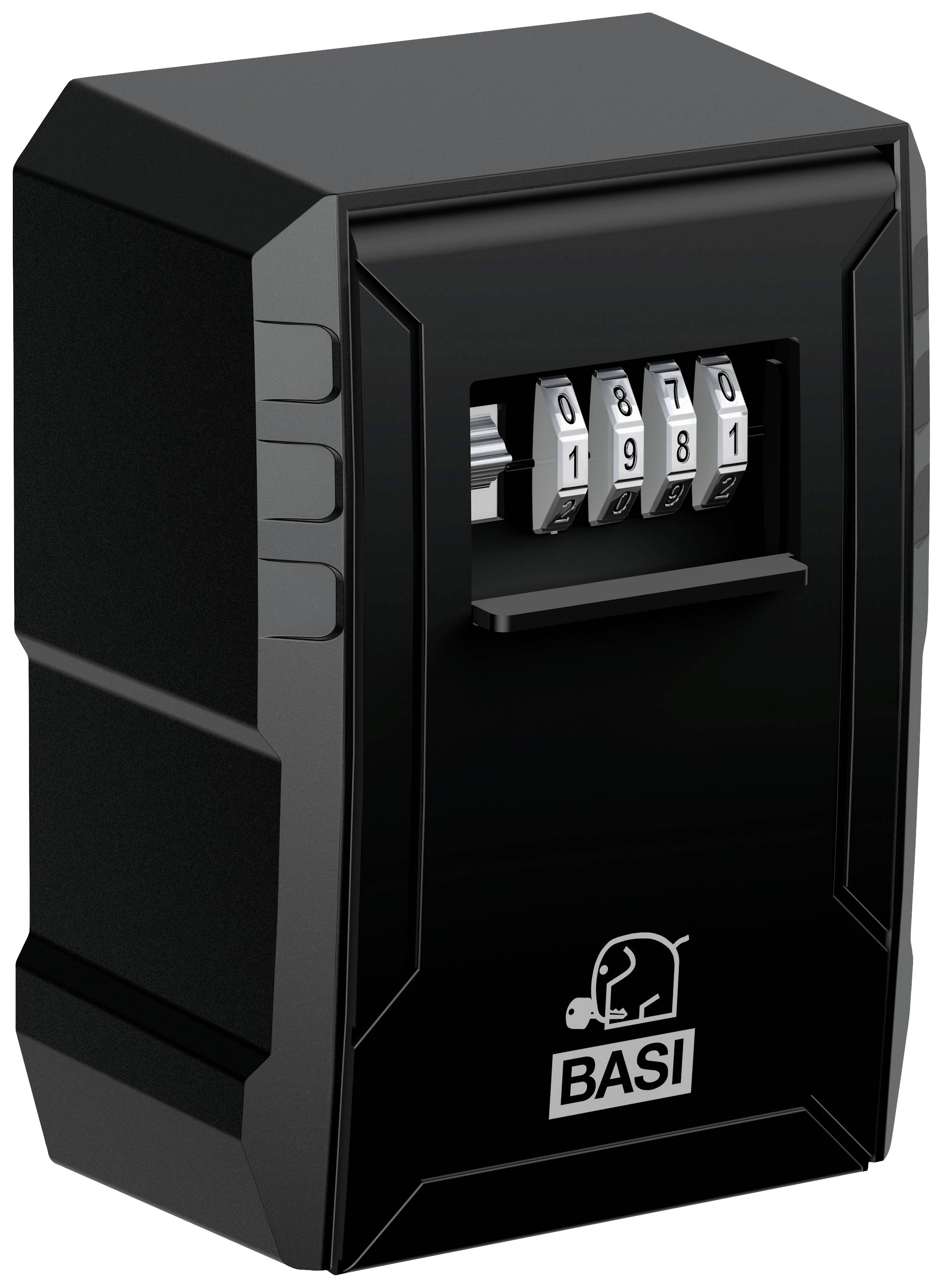 Ein schwarzer Schlüsseltresor mit Zahlenschloss, eingestellt auf '0810'. Das BASI-Logo ist unten sichtbar.