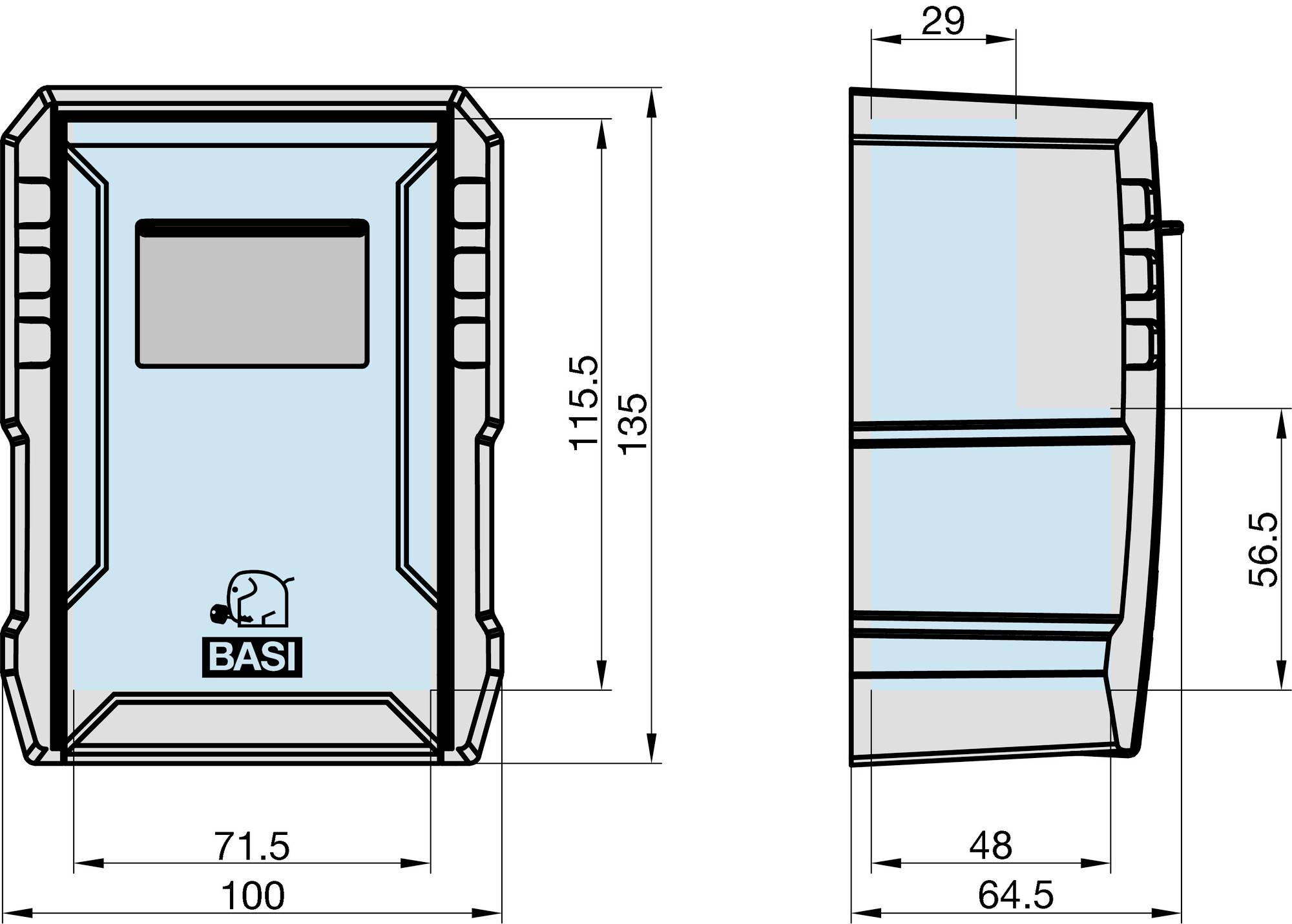 Technische Zeichnung eines rechteckigen Geräts mit BASI-Logo. Front- und Seitenansicht mit Maßen: 115,5mm hoch, 71,5mm breit, 29mm tief.