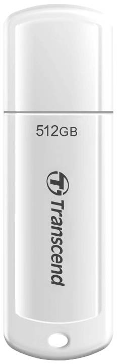 Ein weißer USB-Stick mit der Aufschrift 'Transcend' und '512GB' darauf.