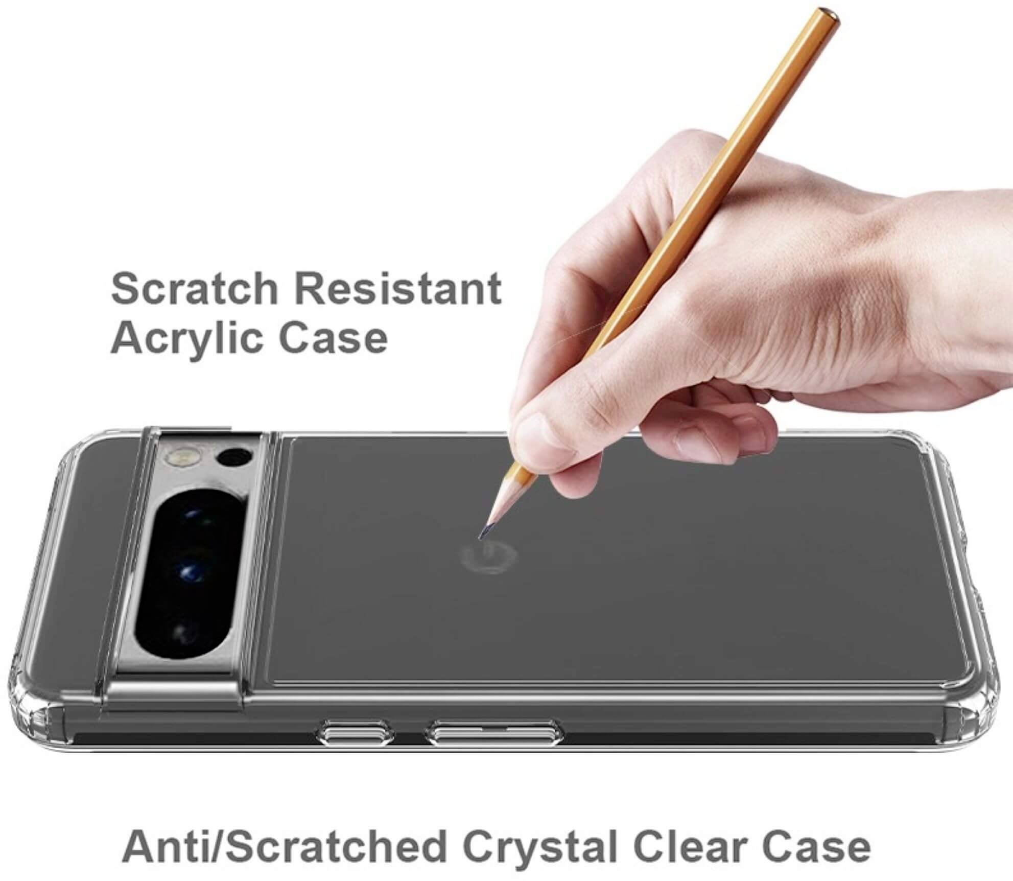 Hand zeichnet mit einem Bleistift auf einer durchsichtigen, kratzfesten Acrylhülle eines Smartphones.