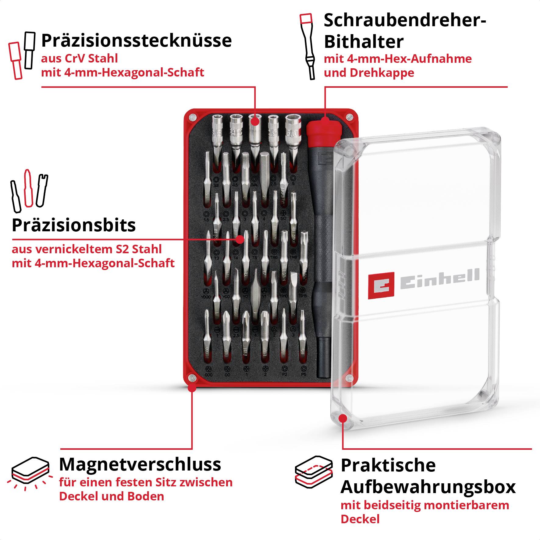Einhell 115010 Bit-Set 33teilig Gamebit, T-Profil, Tri-Point, Schlitz, Triangle, Kreuzschlitz Phillips, Pentalobe inkl. Bithalter-Schraubendreher