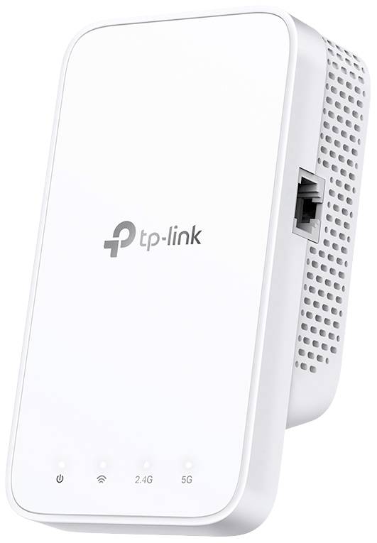 WLAN-Repeater der Marke TP-Link mit Ethernet-Anschluss und LEDs für 2.4G und 5G Verbindungen. Gerät steht aufrecht.