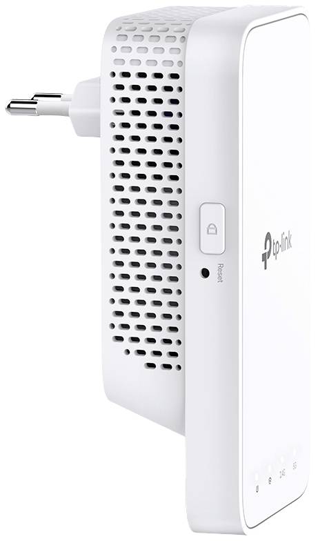 TP-Link WLAN-Repeater in Weiß mit Steckdosenanschluss. Seitenansicht zeigt Lüftungsschlitze und Tasten für Ein-/Ausschalten und WPS.