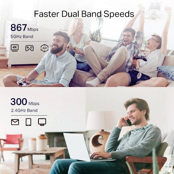 Vier Personen jubeln auf einem Sofa. Text oben: Schnellerer Dual-Band-Geschwindigkeiten 867 Mbps 5GHz Band. Unten: 300 Mbps 2,4GHz Band. Ein Mann arbeitet am Laptop.