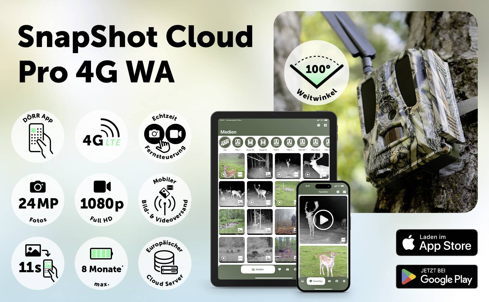 DÖRR SnapShot Cloud Pro 4G WA Wildkamera 24 Megapixel 4G Bildübertragung, Black LEDs, Tonaufzeichnung, Zeitrafferfunktion Camouflage, Olivgrün