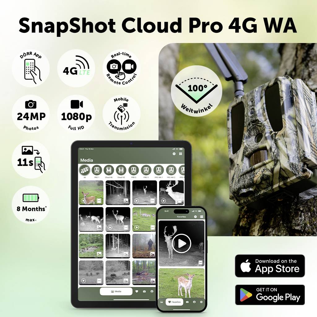 DÖRR SnapShot Cloud Pro 4G WA Wildkamera 24 Megapixel 4G Bildübertragung, Black LEDs, Tonaufzeichnung, Zeitrafferfunktion Camouflage, Olivgrün
