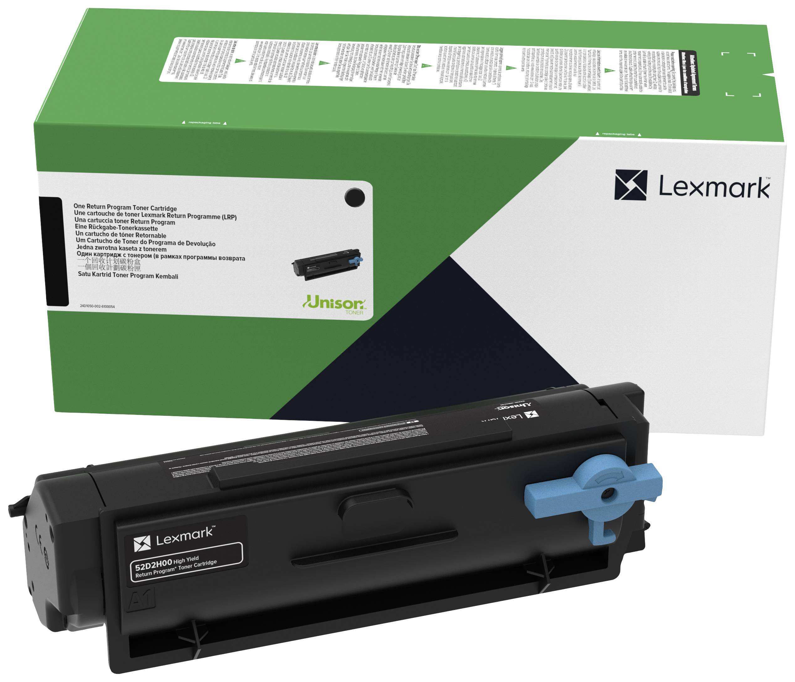 Drucker-Toner-Kartusche vor einer grünen und weißen Verpackung der Marke Lexmark; Modellnummer S0230H00 erkennbar.