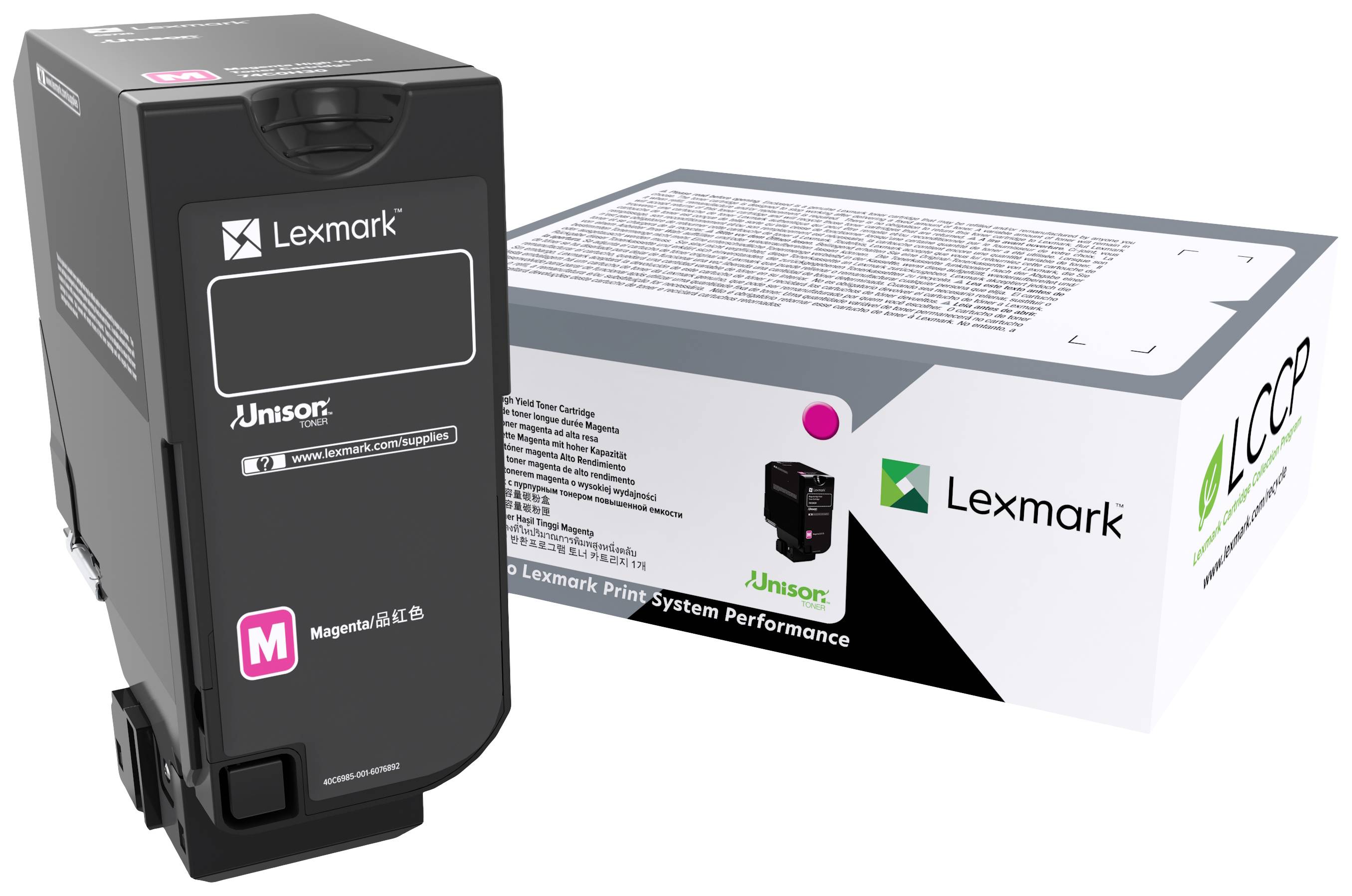 Druckerpatrone und Verpackung von Lexmark, schwarze Patrone mit magenta-farbenem Etikett, daneben weiße Box mit Lexmark-Logo.