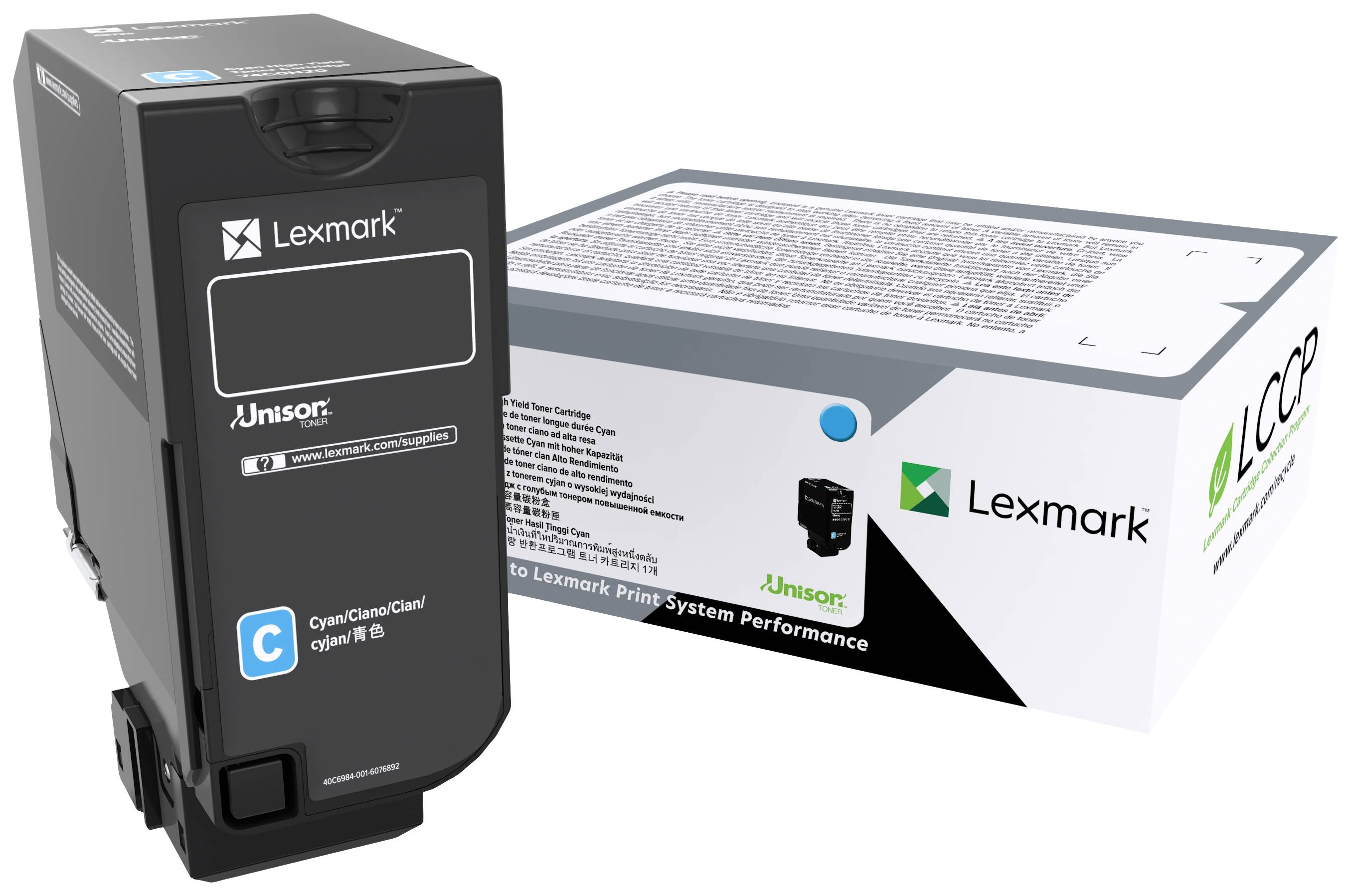 Darstellung einer Lexmark-Druckerpatrone mit Verpackung. Die Patrone ist schwarz mit blauen Akzenten und das Logo ist gut sichtbar.