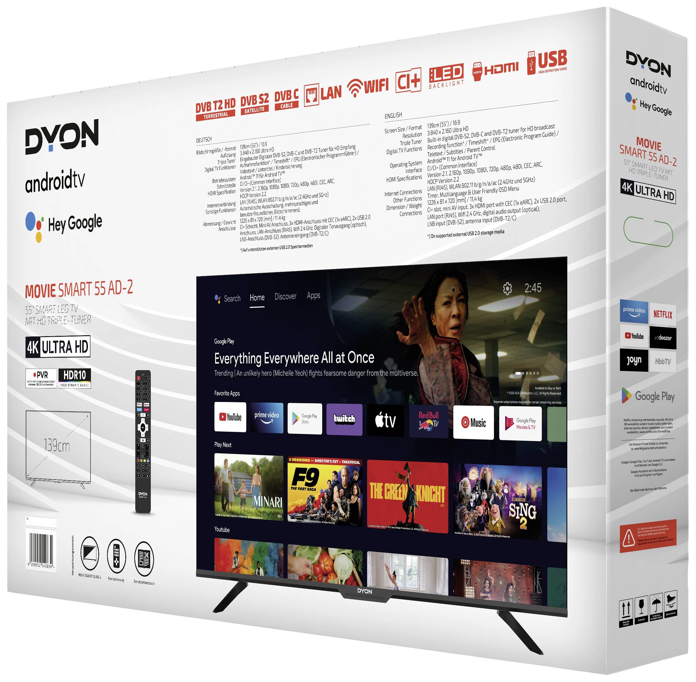 Dyon Movie Smart 55 AD-2 LED-TV 139 cm 55 Zoll EEK F (A - G) CI+, DVB-C, DVB-S2, DVB-T, DVB-T2, PVR ready, Smart TV, UHD, WLAN Schwarz