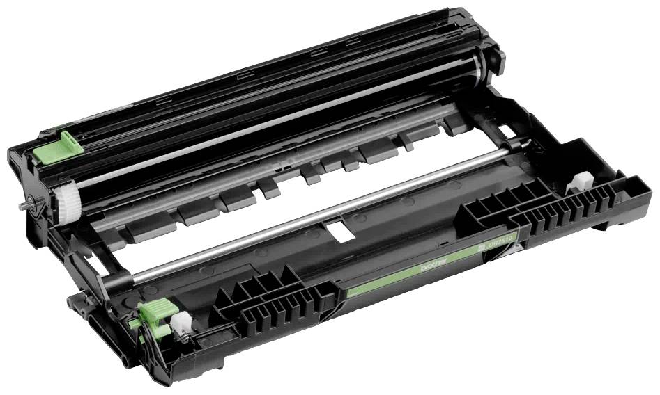 Ein leeres Drucker-Tonerbehälter, horizontal auf einer weißen Oberfläche liegend, mit grünen und schwarzen Komponenten.