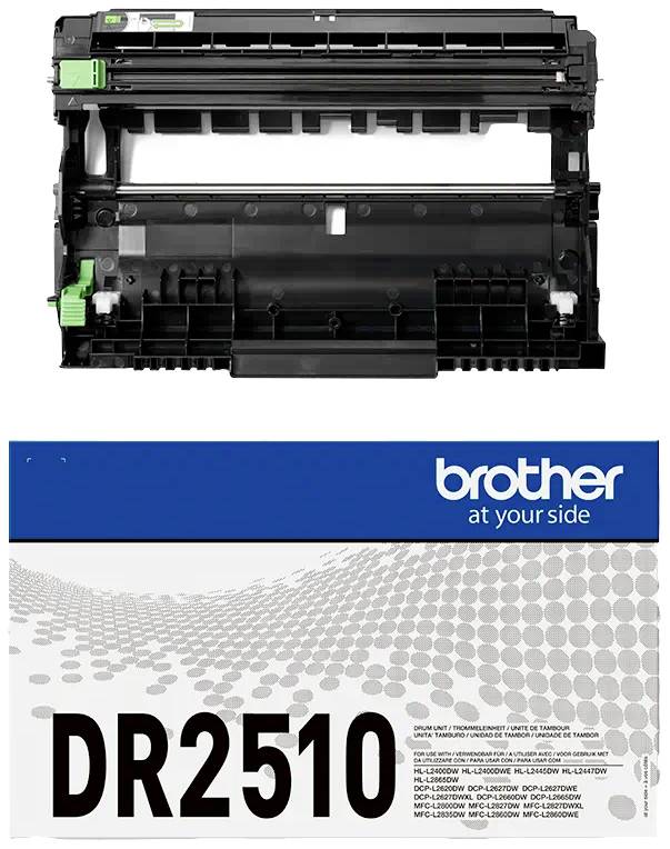 Trommeleinheit Brother DR-2510, schwarze Kartusche neben Verpackung mit Markenlogo, kompatibel mit verschiedenen Druckermodellen.