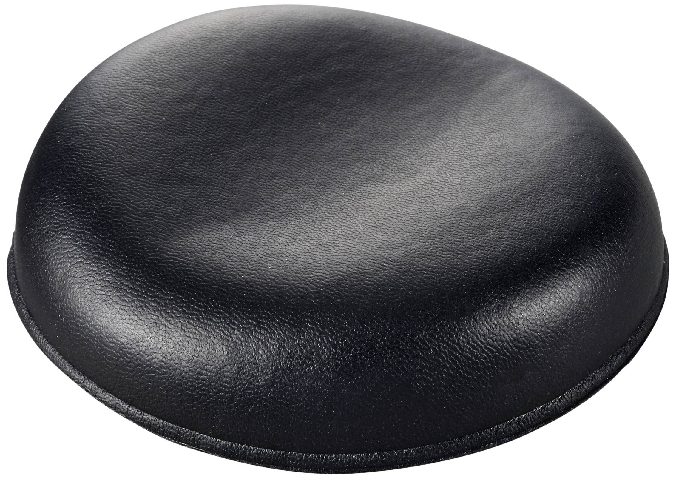 Ein schwarzes, rundes Sitzkissen aus glattem Material.