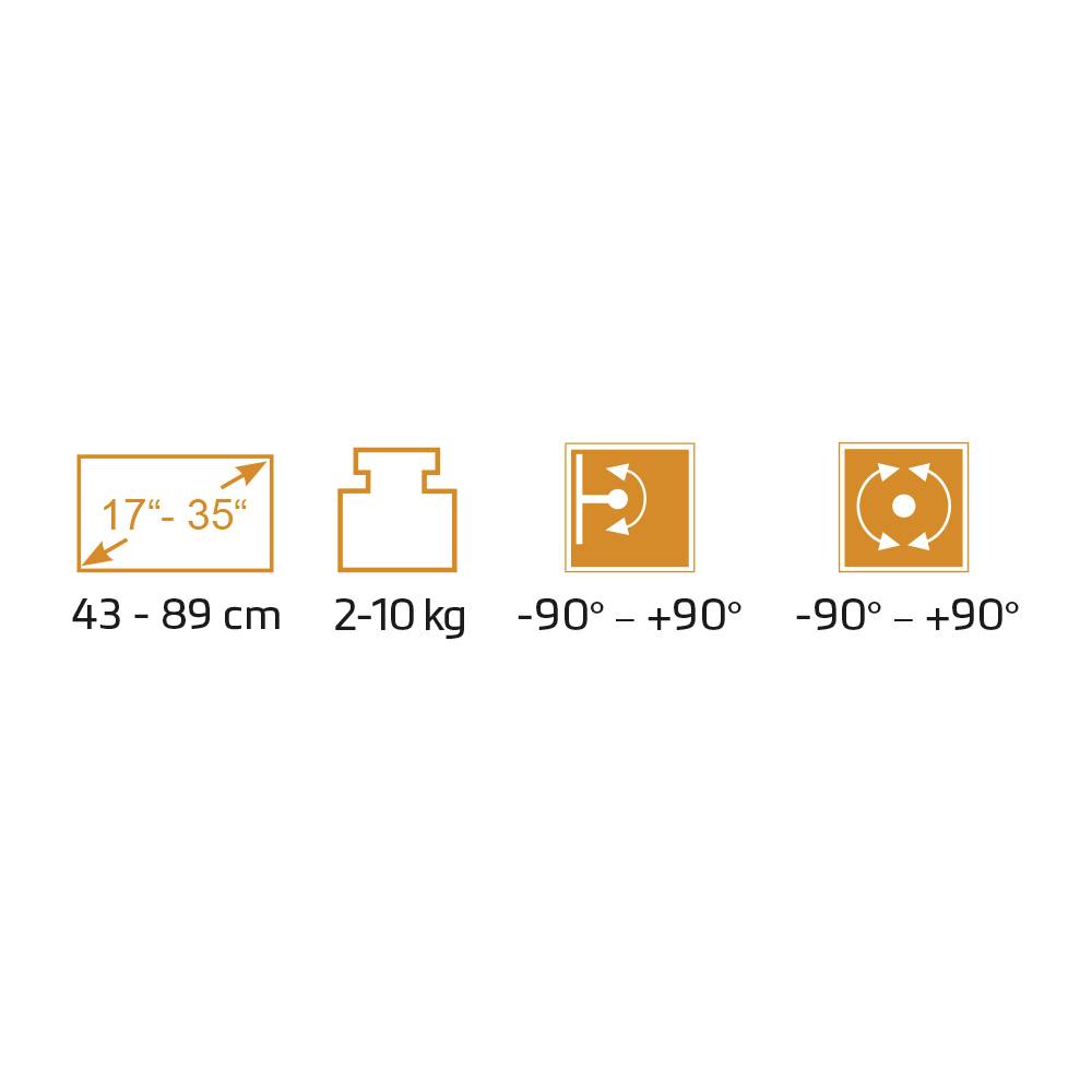 Vier Symbole zeigen: Bildschirmgröße 43-89 cm, Gewicht 2-10 kg, Neigung -90° bis +90°, Drehung -90° bis +90°.