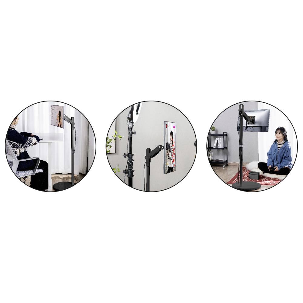 Drei separate Bilder zeigen verschiedene Anwendungen eines Tablet-Halters, darunter eine Verwendung am Schreibtisch, als Fotostudio-Ausrüstung und für Yoga oder Meditation.