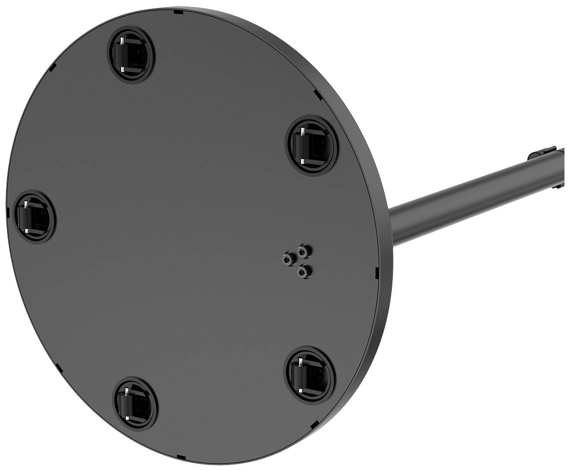Runde schwarze Metallbasis mit sechs gleichmäßig verteilten Schraubbefestigungen und einem angeschlossenen zylindrischen Stab.