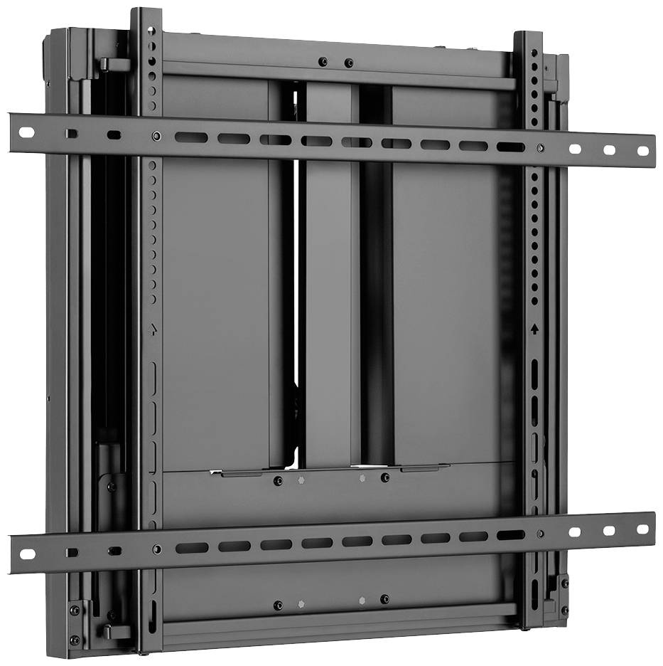 An der Wand montiertes, schwarzes TV-Wandhalterungssystem mit verstellbaren Schienen und Befestigungslöchern zur Befestigung von Bildschirmen.