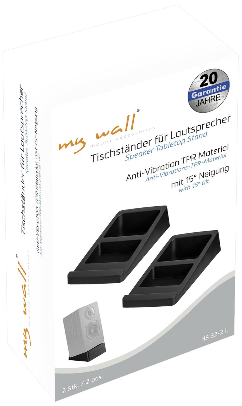 Verpackung eines Tischständers für Lautsprecher von 'my wall', aus vibrationsdämmendem Material, bietet 15° Neigung, 20 Jahre Garantie.