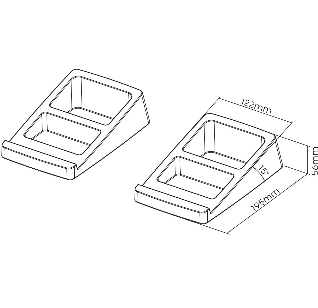Technische Zeichnung von zwei nebeneinander angeordneten Schalen mit Abmessungen: 195 mm x 122 mm, Höhe 56 mm, Neigungswinkel 15°.