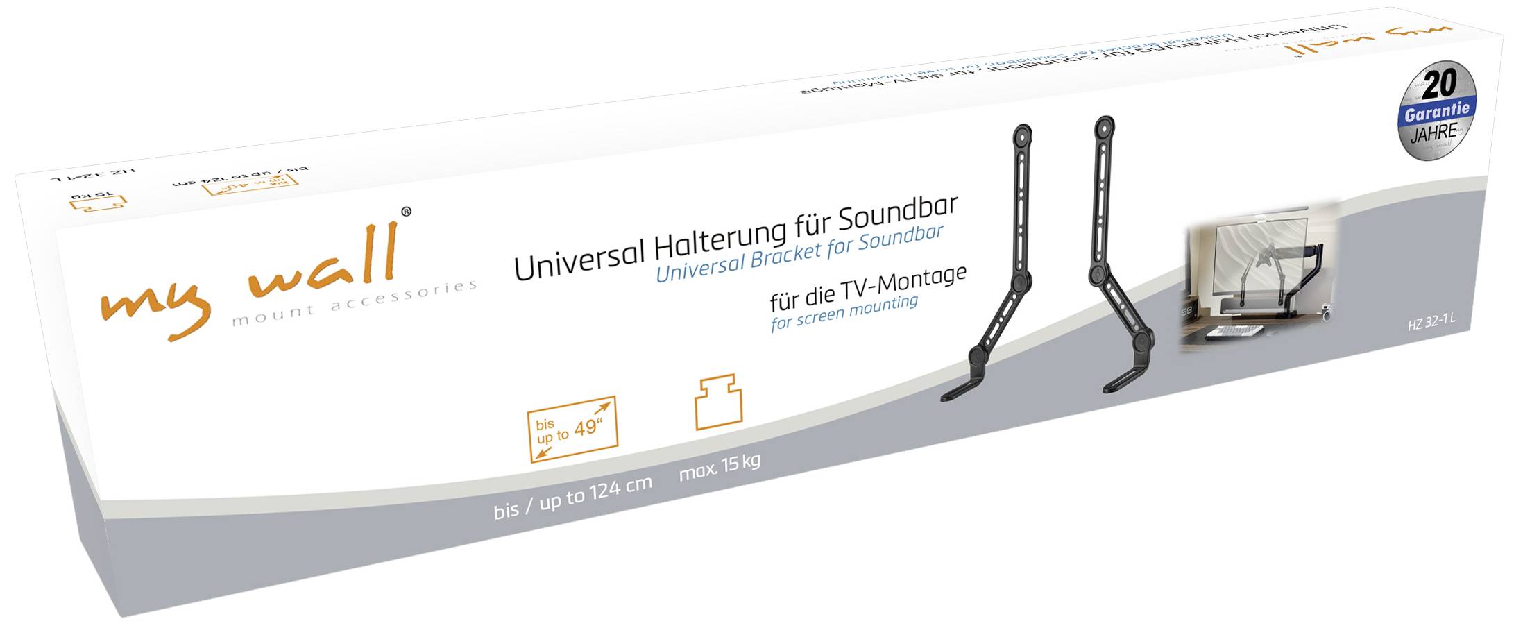 Universale Halterung für Soundbar zur TV-Montage, geeignet bis 15 kg und 20 Jahren Garantie. Abgebildet mit Fernseher und Halterungen.