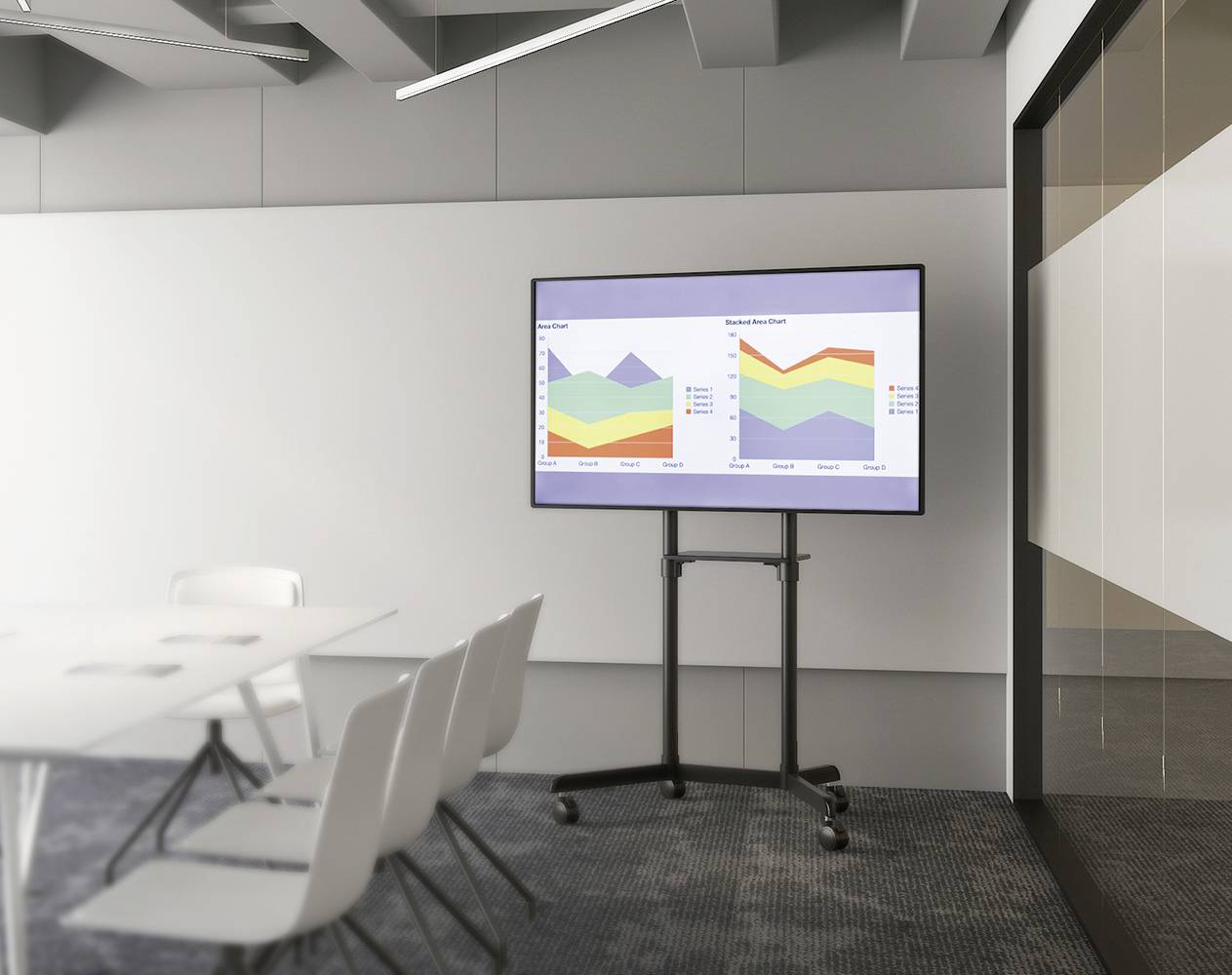 Grafik mit zwei Diagrammen auf einem Bildschirm in einem Konferenzraum. Zeigt Datenverteilung und Vergleich von verschiedenen Kategorien.