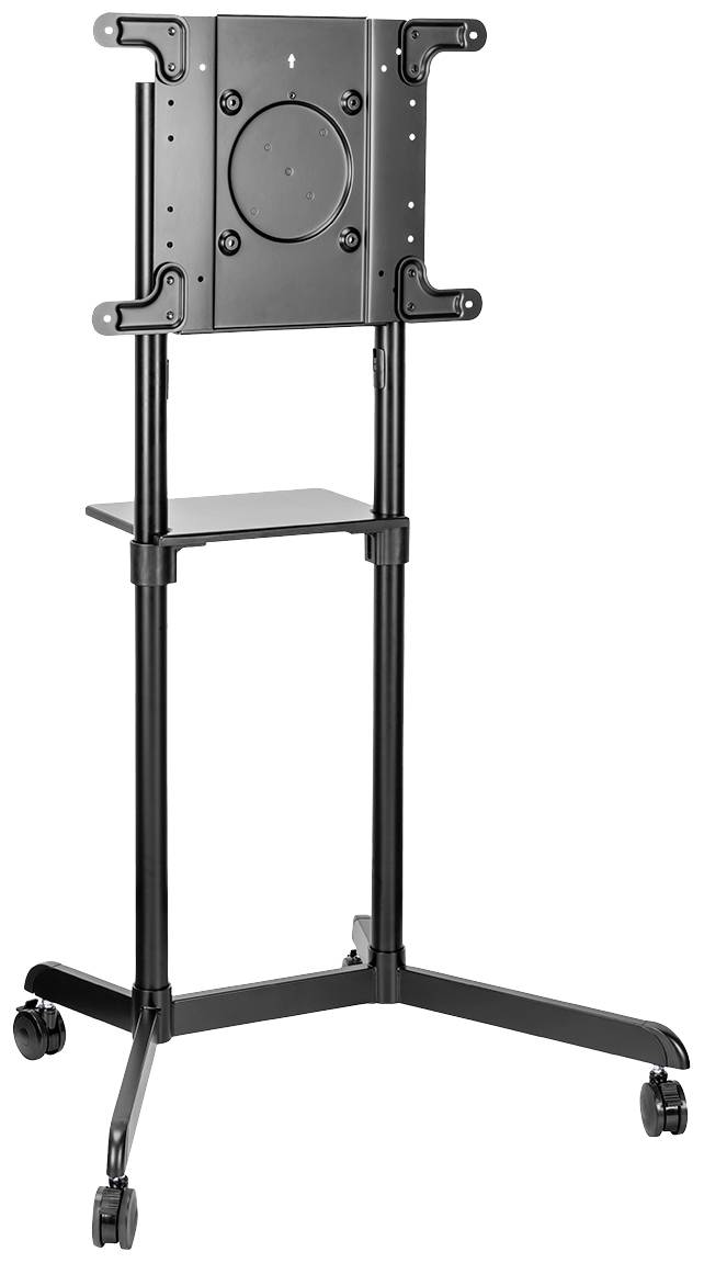 Schwarzer, mobiler TV-Standfuß mit Rädern, höhenverstellbar, bietet Platz für einen Bildschirm, ideal für Präsentationen.