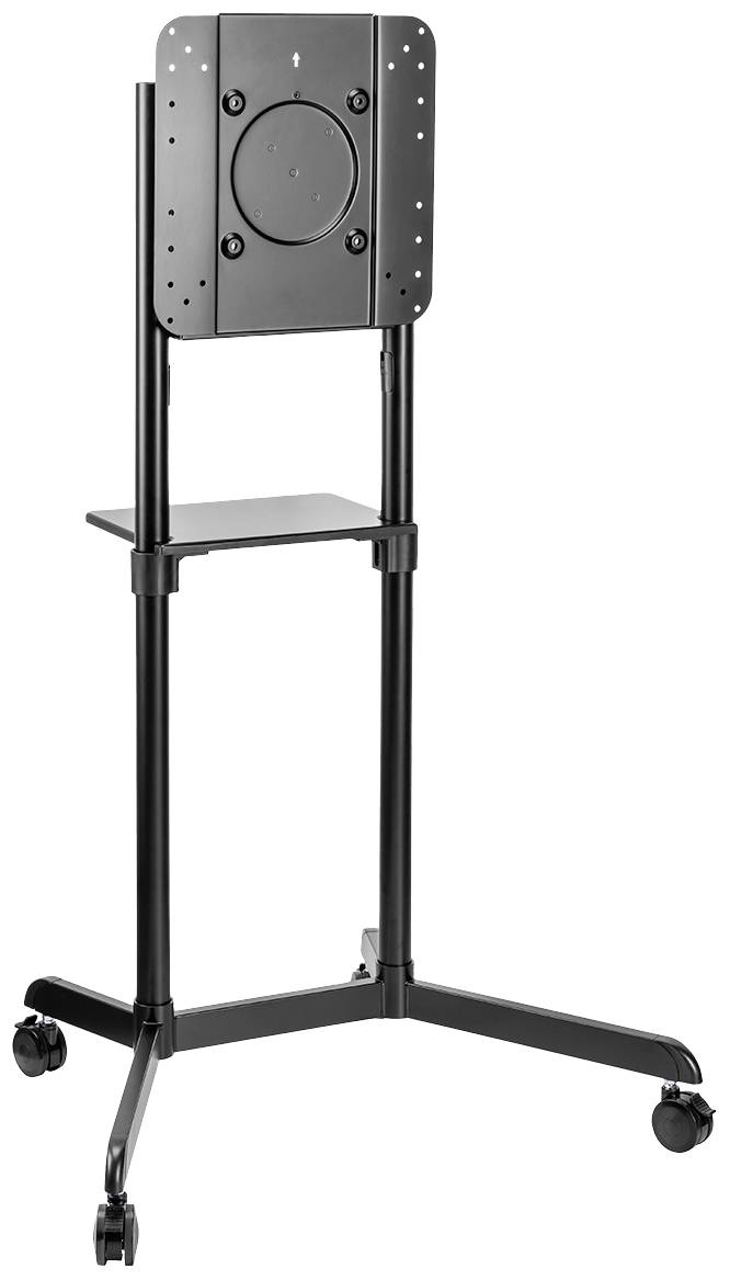 Tragbarer, höhenverstellbarer TV-Ständer auf Rollen mit VESA-Halterung und Ablage. Ideal für Präsentationen und flexible Raumgestaltung.