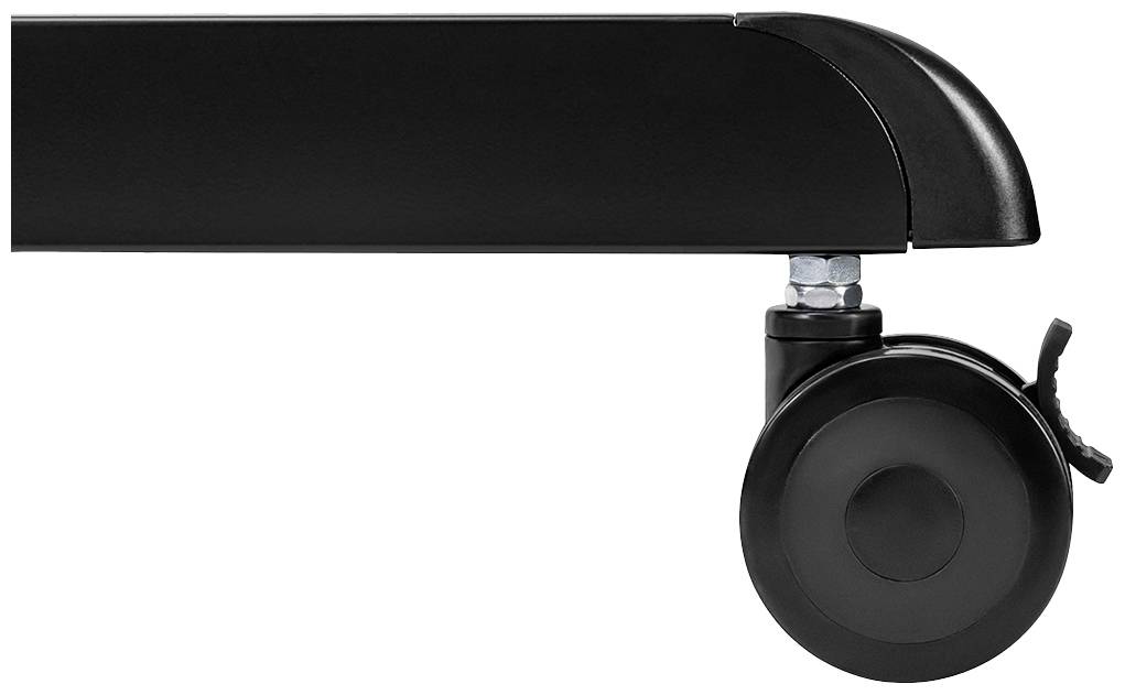 Schwarzes Stuhlrad aus Kunststoff an Metallrahmen befestigt, seitlich fotografiert. Geeignet für glatte Böden, robust und funktional.