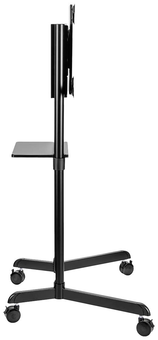 Schwarzes, höhenverstellbares TV-Standfuß aus Metall mit Rollen, geeignet zur Mobilität in Büros oder Präsentationen. Seitenansicht.