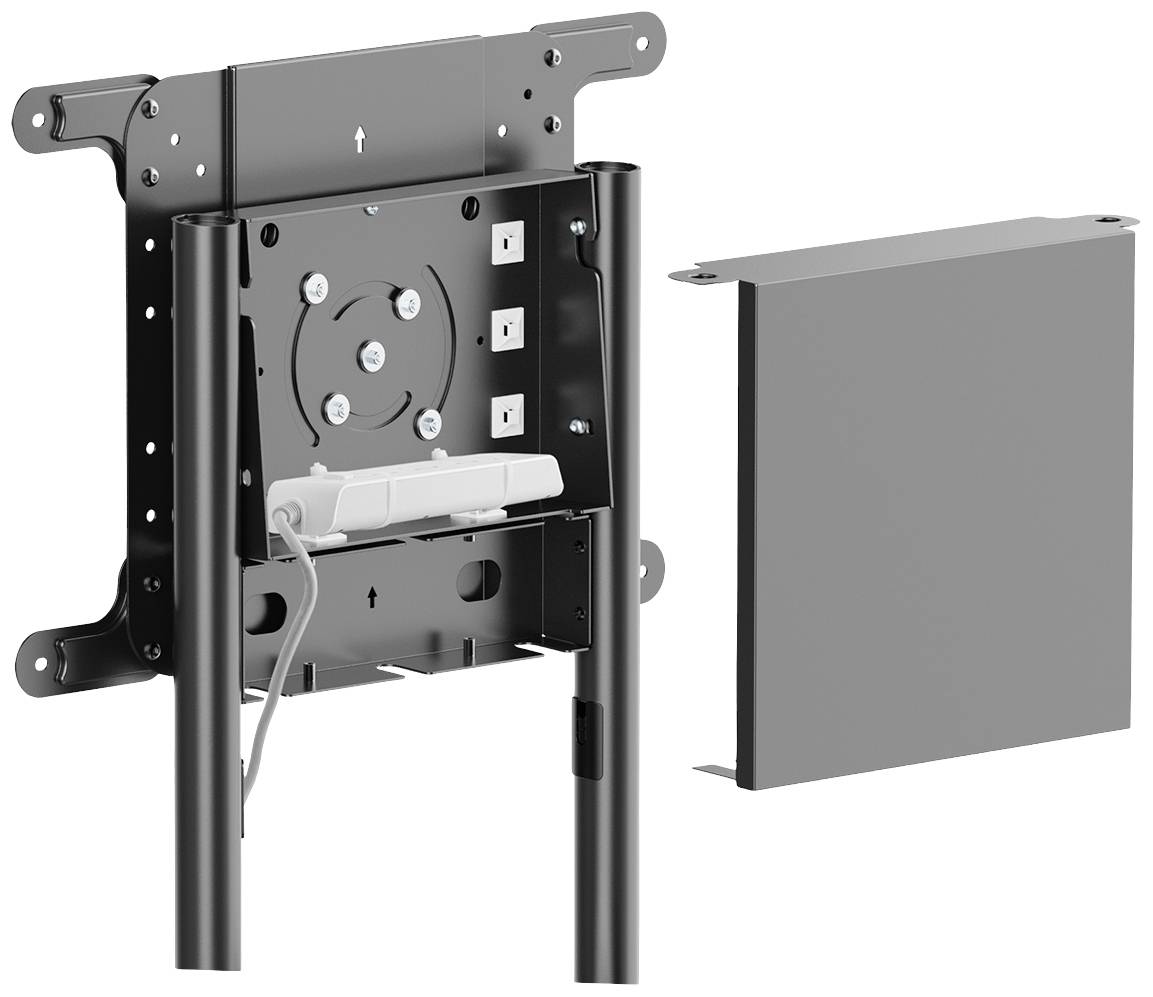 Befestigungsplatte mit Halterungen und Kabeln für Monitor an Standfüßen, daneben eine rechteckige Abdeckung.