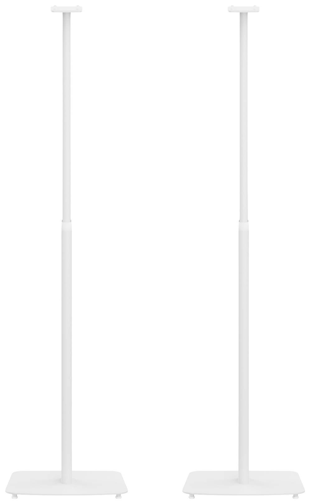 Zwei weiße, schlanke Ständer mit quadratischen Fußplatten, ideal zum Halten von Lautsprechern oder anderen Geräten.