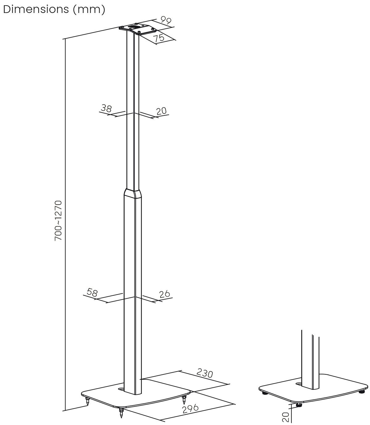 Diagramm einer höhenverstellbaren Halterung in Millimetern. Gesamthöhe 700-1270 mm, mit Basisabmessungen 230x296 mm. Details zeigen Höhe und Breite.