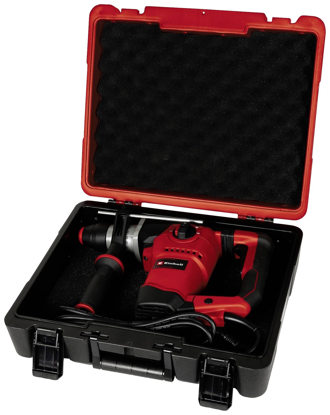 Hochleistungsbohrmaschine in einem schwarzen Hartschalenkoffer mit Schaumstoffeinlagen. Rotes und schwarzes Design, einsatzbereit.