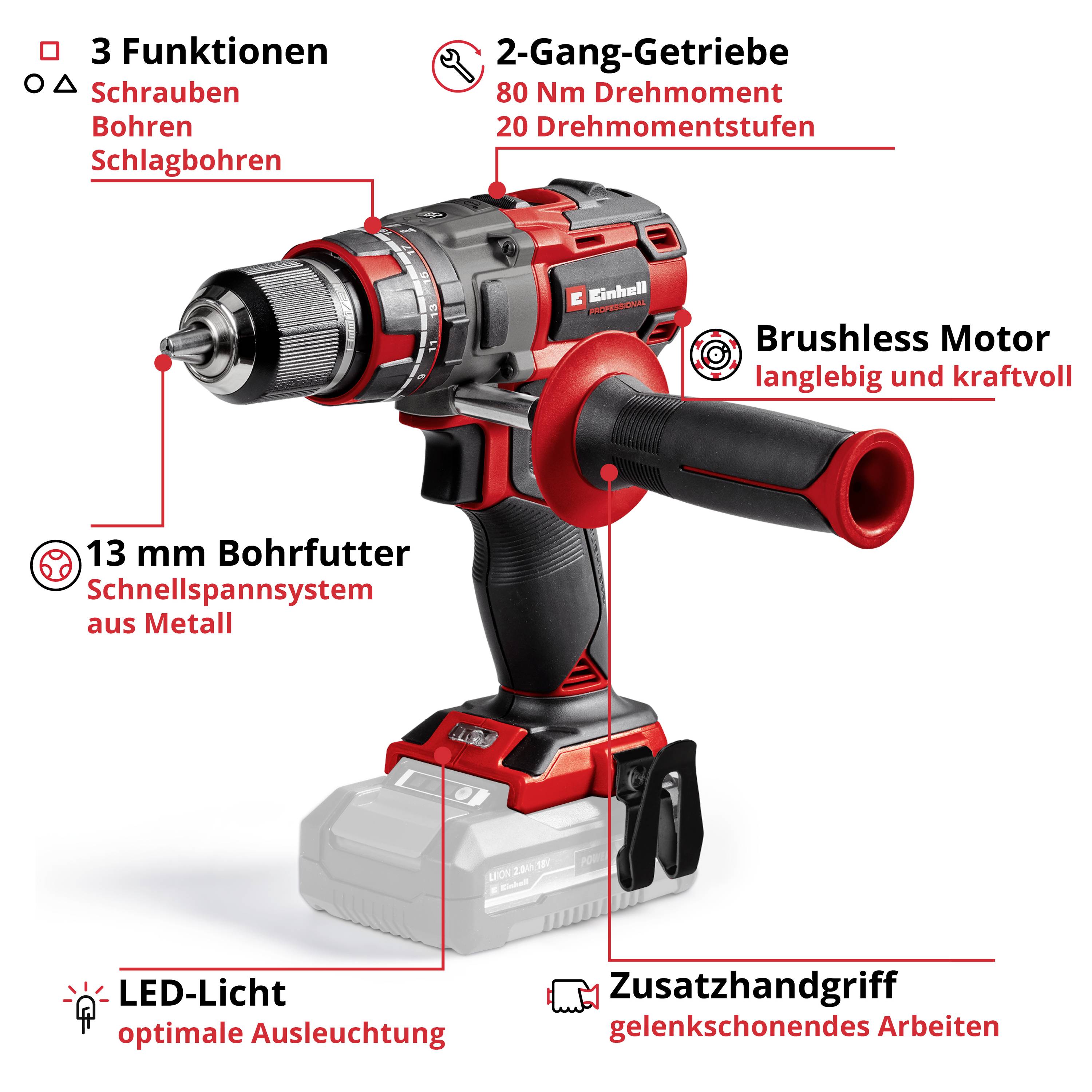 Einhell Professional Professional TP-CD 18/80 Li-i BL - Solo Power X-Change 2-Gang-Akku-Schlagbohrschrauber bürstenlos, ohne Akku