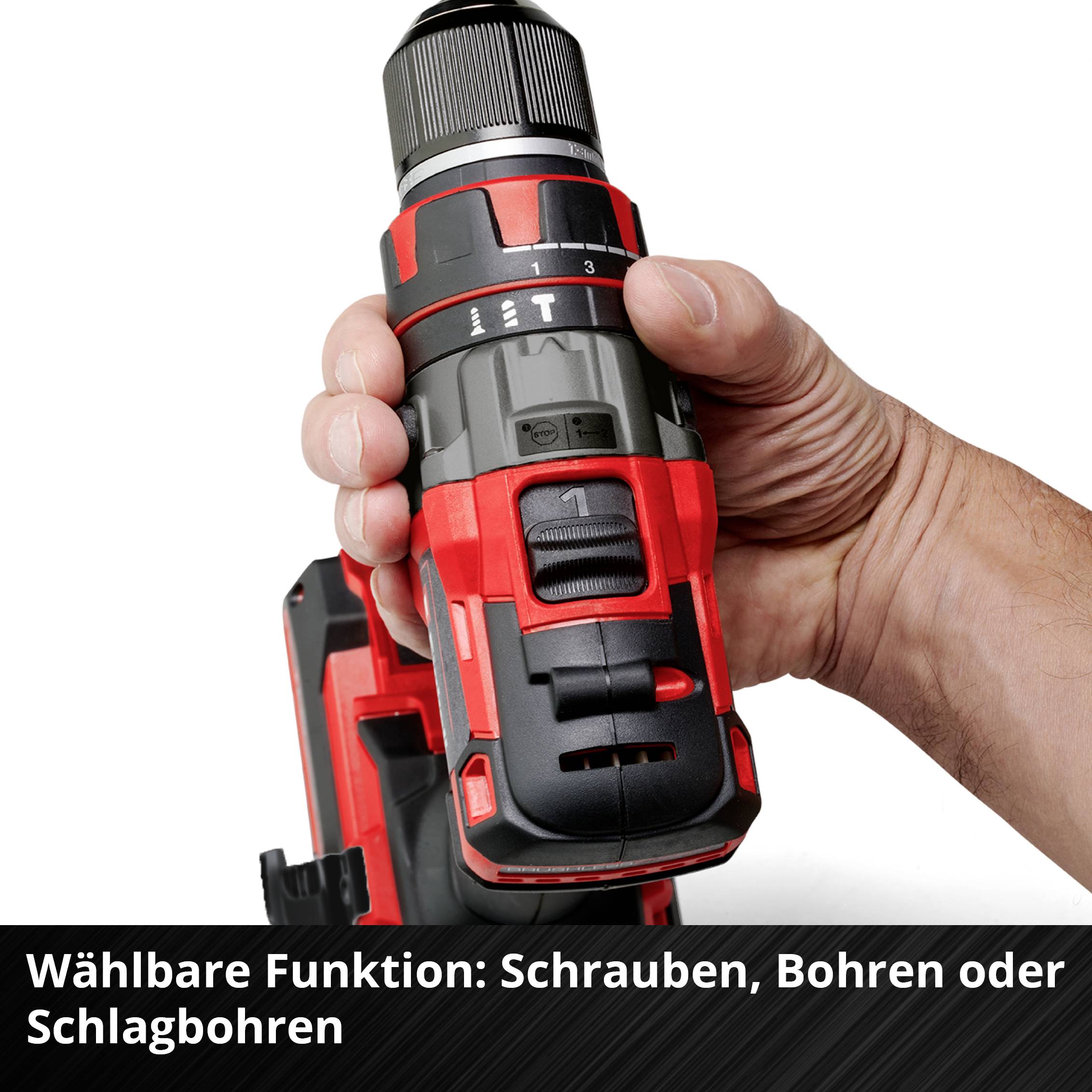 Akkubohrmaschine mit einstellbaren Modi zum Schrauben, Bohren oder Schlagbohren, wird von einer Hand gehalten.