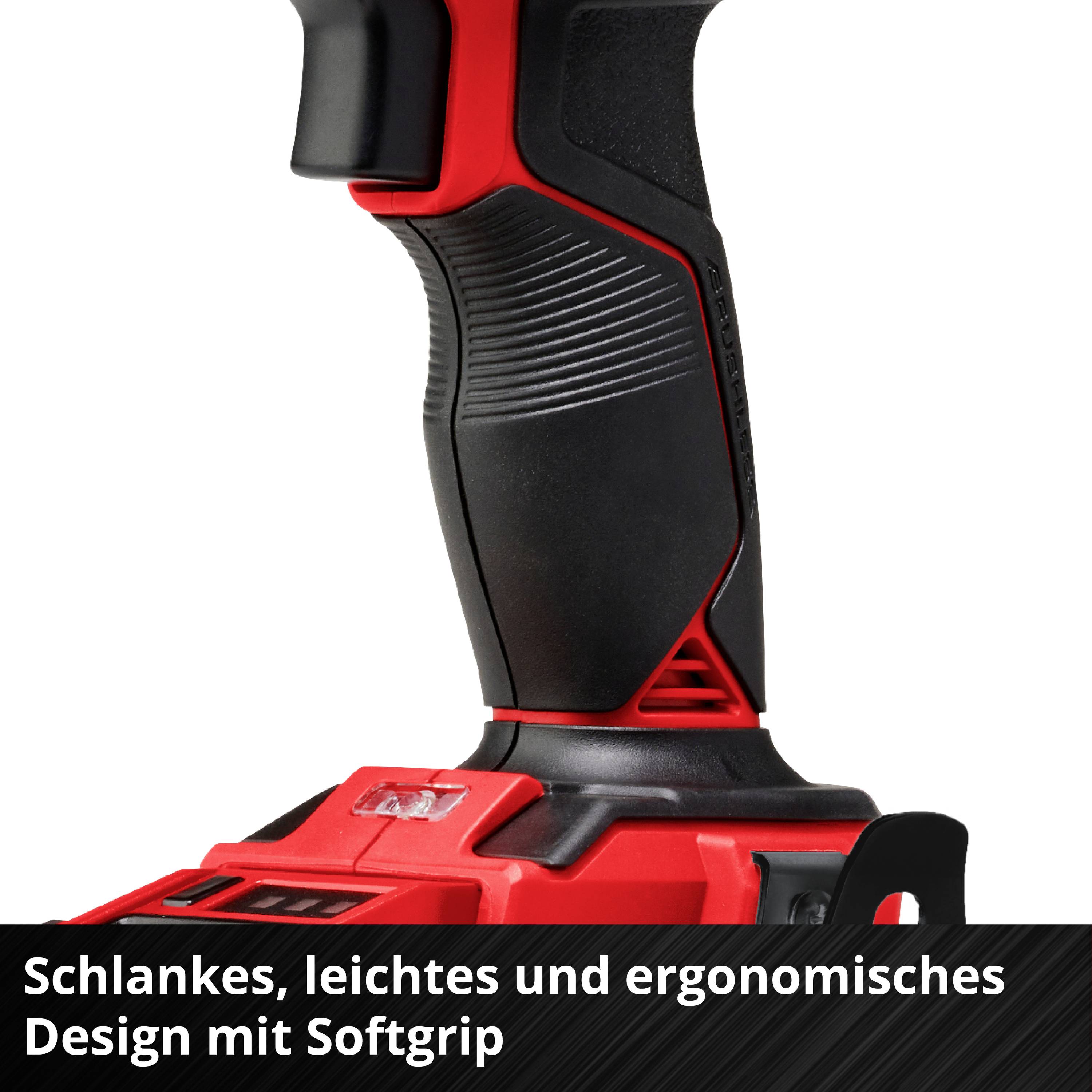 Akkuschrauber mit schlankem, ergonomischem Design und Softgrip für komfortable Handhabung.